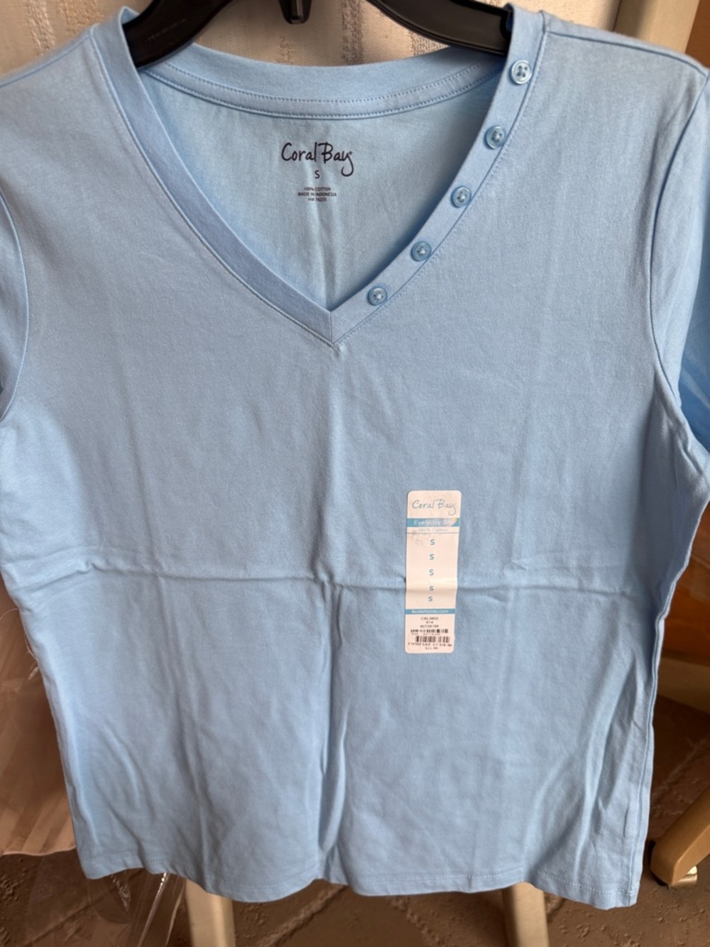 Coral Bay Pale Blue Short-Sleeve V-Neck Tee with Button Accent
